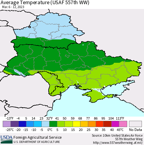 Ukraine, Moldova and Belarus Average Temperature (USAF 557th WW) Thematic Map For 3/6/2023 - 3/12/2023