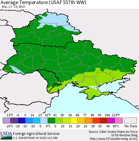 Ukraine, Moldova and Belarus Average Temperature (USAF 557th WW) Thematic Map For 3/13/2023 - 3/19/2023