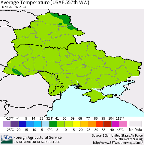 Ukraine, Moldova and Belarus Average Temperature (USAF 557th WW) Thematic Map For 3/20/2023 - 3/26/2023