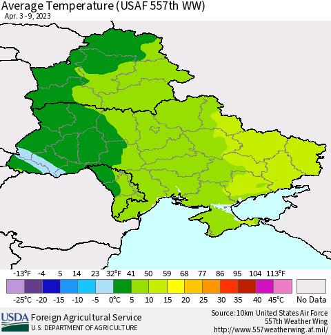 Ukraine, Moldova and Belarus Average Temperature (USAF 557th WW) Thematic Map For 4/3/2023 - 4/9/2023