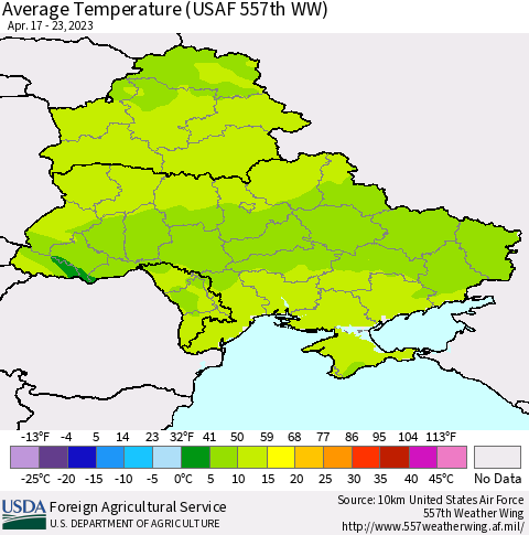 Ukraine, Moldova and Belarus Average Temperature (USAF 557th WW) Thematic Map For 4/17/2023 - 4/23/2023