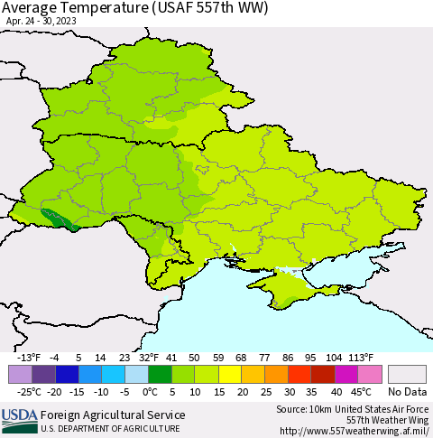 Ukraine, Moldova and Belarus Average Temperature (USAF 557th WW) Thematic Map For 4/24/2023 - 4/30/2023