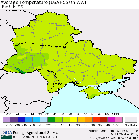Ukraine, Moldova and Belarus Average Temperature (USAF 557th WW) Thematic Map For 5/8/2023 - 5/14/2023