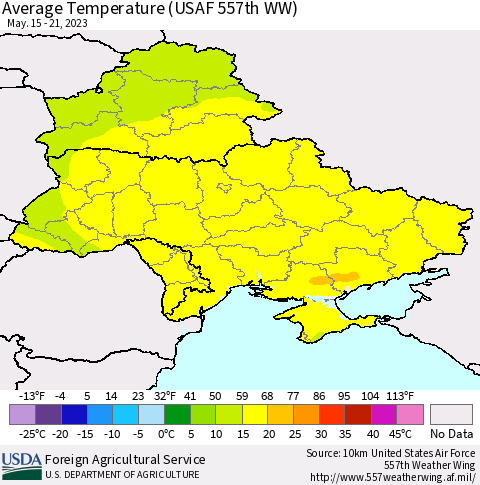 Ukraine, Moldova and Belarus Average Temperature (USAF 557th WW) Thematic Map For 5/15/2023 - 5/21/2023