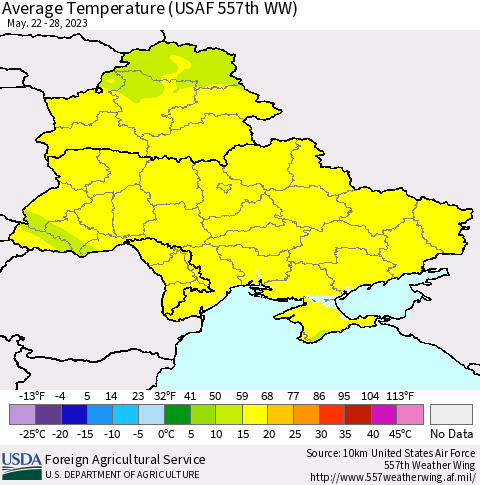 Ukraine, Moldova and Belarus Average Temperature (USAF 557th WW) Thematic Map For 5/22/2023 - 5/28/2023