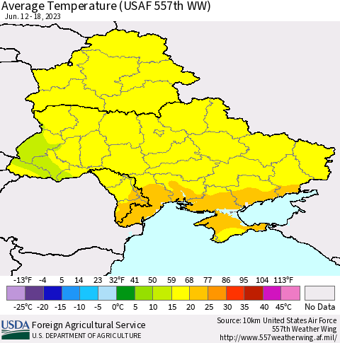 Ukraine, Moldova and Belarus Average Temperature (USAF 557th WW) Thematic Map For 6/12/2023 - 6/18/2023