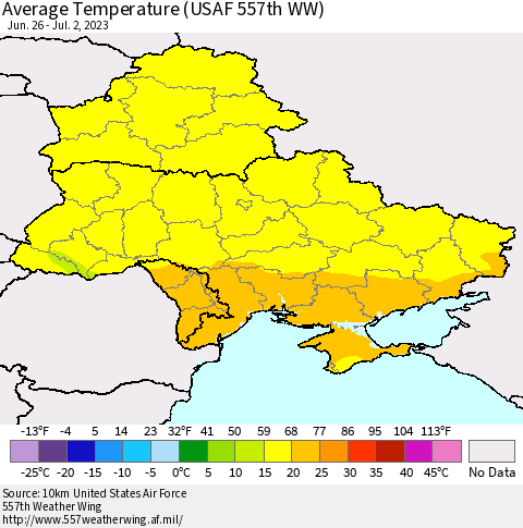 Ukraine, Moldova and Belarus Average Temperature (USAF 557th WW) Thematic Map For 6/26/2023 - 7/2/2023