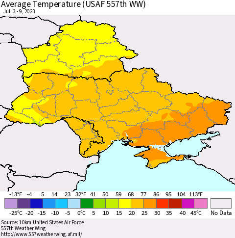 Ukraine, Moldova and Belarus Average Temperature (USAF 557th WW) Thematic Map For 7/3/2023 - 7/9/2023