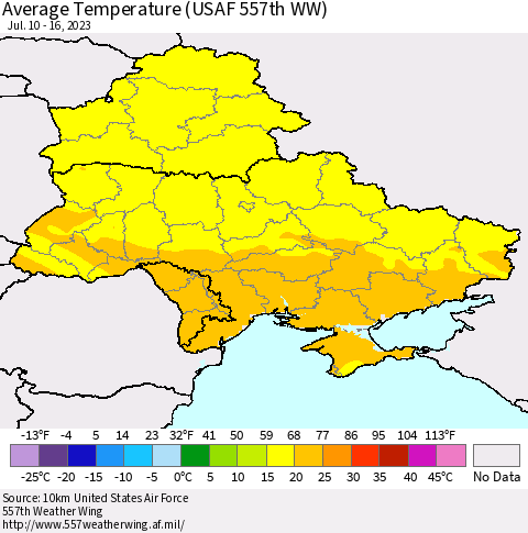 Ukraine, Moldova and Belarus Average Temperature (USAF 557th WW) Thematic Map For 7/10/2023 - 7/16/2023
