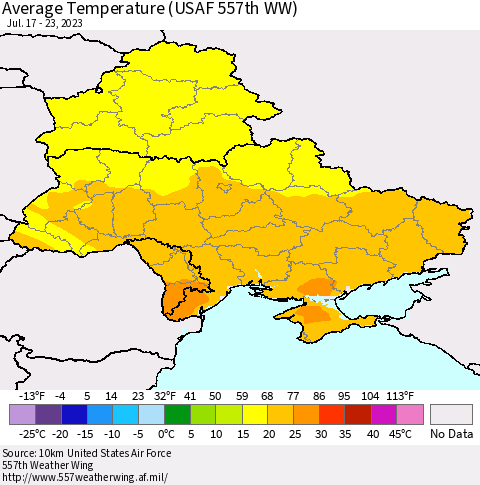 Ukraine, Moldova and Belarus Average Temperature (USAF 557th WW) Thematic Map For 7/17/2023 - 7/23/2023