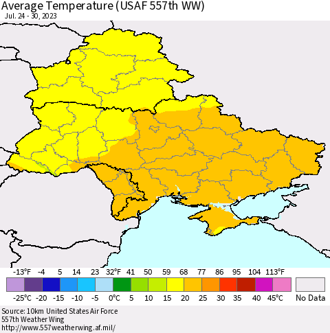 Ukraine, Moldova and Belarus Average Temperature (USAF 557th WW) Thematic Map For 7/24/2023 - 7/30/2023