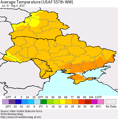Ukraine, Moldova and Belarus Average Temperature (USAF 557th WW) Thematic Map For 7/31/2023 - 8/6/2023