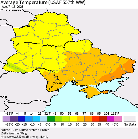 Ukraine, Moldova and Belarus Average Temperature (USAF 557th WW) Thematic Map For 8/7/2023 - 8/13/2023