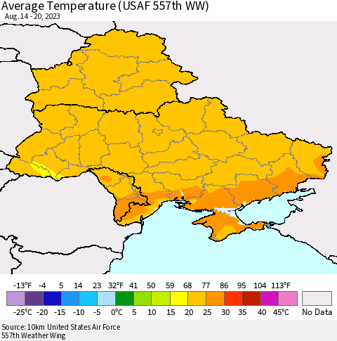 Ukraine, Moldova and Belarus Average Temperature (USAF 557th WW) Thematic Map For 8/14/2023 - 8/20/2023
