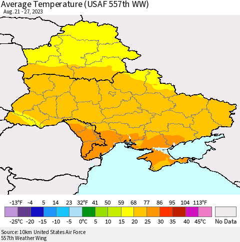 Ukraine, Moldova and Belarus Average Temperature (USAF 557th WW) Thematic Map For 8/21/2023 - 8/27/2023