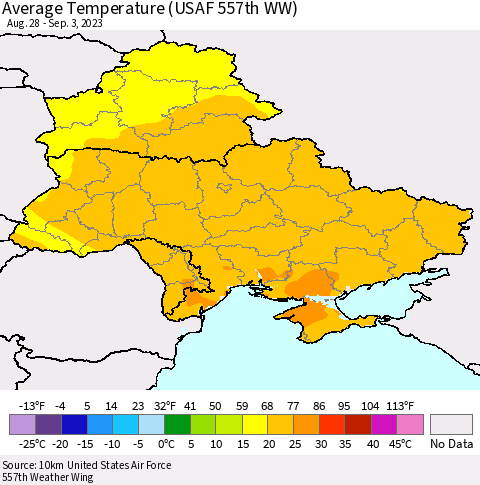 Ukraine, Moldova and Belarus Average Temperature (USAF 557th WW) Thematic Map For 8/28/2023 - 9/3/2023