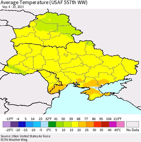 Ukraine, Moldova and Belarus Average Temperature (USAF 557th WW) Thematic Map For 9/4/2023 - 9/10/2023