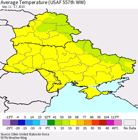 Ukraine, Moldova and Belarus Average Temperature (USAF 557th WW) Thematic Map For 9/11/2023 - 9/17/2023