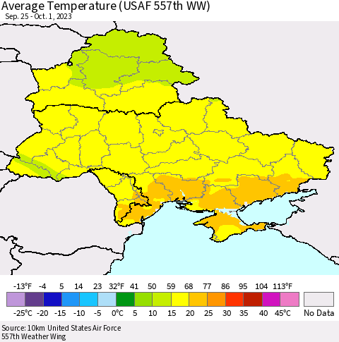 Ukraine, Moldova and Belarus Average Temperature (USAF 557th WW) Thematic Map For 9/25/2023 - 10/1/2023