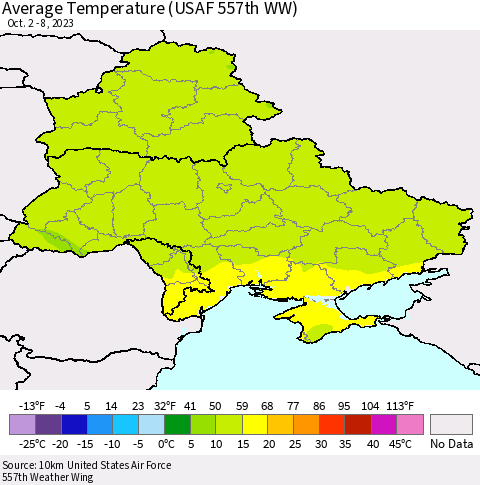 Ukraine, Moldova and Belarus Average Temperature (USAF 557th WW) Thematic Map For 10/2/2023 - 10/8/2023