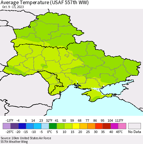 Ukraine, Moldova and Belarus Average Temperature (USAF 557th WW) Thematic Map For 10/9/2023 - 10/15/2023