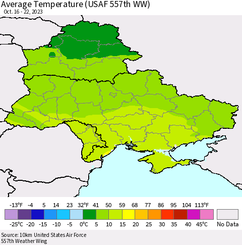 Ukraine, Moldova and Belarus Average Temperature (USAF 557th WW) Thematic Map For 10/16/2023 - 10/22/2023