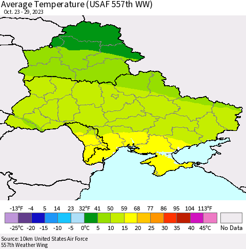 Ukraine, Moldova and Belarus Average Temperature (USAF 557th WW) Thematic Map For 10/23/2023 - 10/29/2023