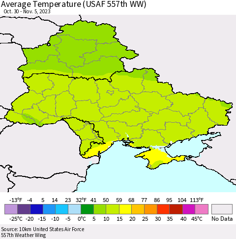 Ukraine, Moldova and Belarus Average Temperature (USAF 557th WW) Thematic Map For 10/30/2023 - 11/5/2023