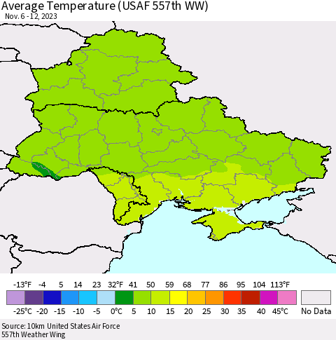 Ukraine, Moldova and Belarus Average Temperature (USAF 557th WW) Thematic Map For 11/6/2023 - 11/12/2023