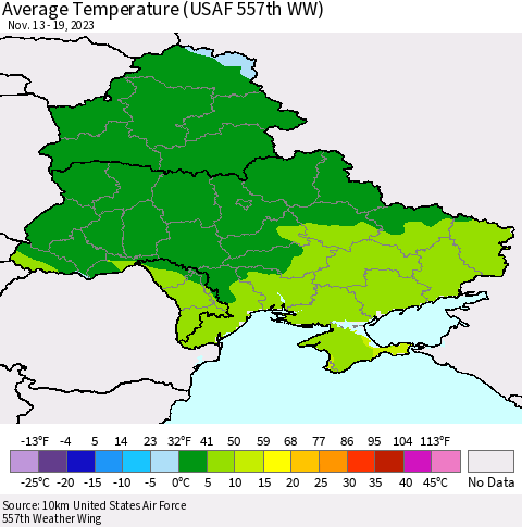 Ukraine, Moldova and Belarus Average Temperature (USAF 557th WW) Thematic Map For 11/13/2023 - 11/19/2023