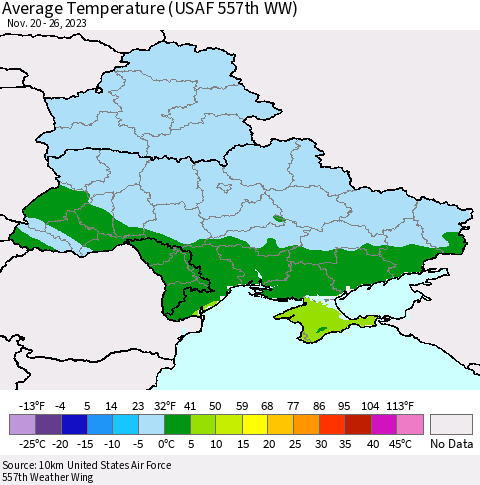 Ukraine, Moldova and Belarus Average Temperature (USAF 557th WW) Thematic Map For 11/20/2023 - 11/26/2023