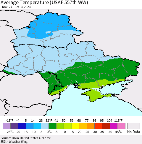 Ukraine, Moldova and Belarus Average Temperature (USAF 557th WW) Thematic Map For 11/27/2023 - 12/3/2023