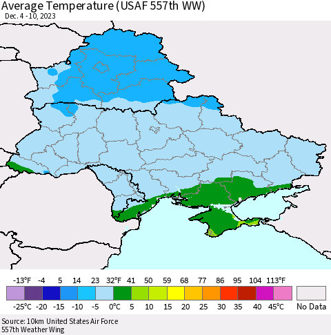 Ukraine, Moldova and Belarus Average Temperature (USAF 557th WW) Thematic Map For 12/4/2023 - 12/10/2023
