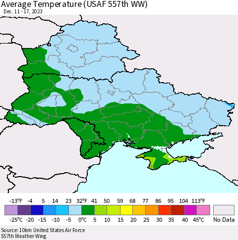 Ukraine, Moldova and Belarus Average Temperature (USAF 557th WW) Thematic Map For 12/11/2023 - 12/17/2023