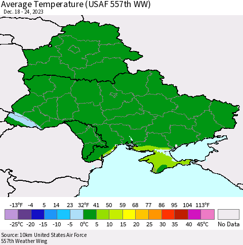 Ukraine, Moldova and Belarus Average Temperature (USAF 557th WW) Thematic Map For 12/18/2023 - 12/24/2023