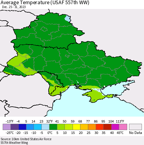 Ukraine, Moldova and Belarus Average Temperature (USAF 557th WW) Thematic Map For 12/25/2023 - 12/31/2023