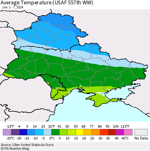 Ukraine, Moldova and Belarus Average Temperature (USAF 557th WW) Thematic Map For 1/1/2024 - 1/7/2024