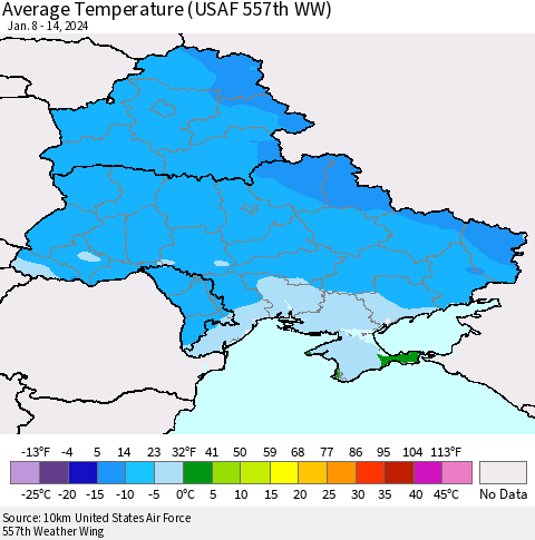 Ukraine, Moldova and Belarus Average Temperature (USAF 557th WW) Thematic Map For 1/8/2024 - 1/14/2024