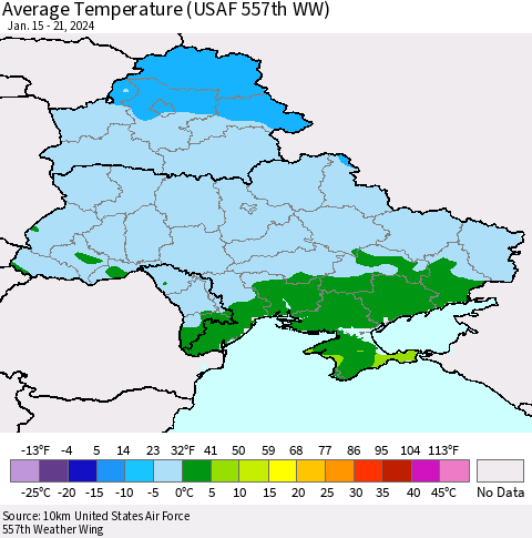 Ukraine, Moldova and Belarus Average Temperature (USAF 557th WW) Thematic Map For 1/15/2024 - 1/21/2024