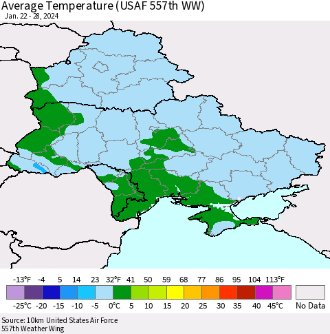 Ukraine, Moldova and Belarus Average Temperature (USAF 557th WW) Thematic Map For 1/22/2024 - 1/28/2024