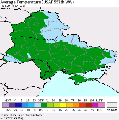 Ukraine, Moldova and Belarus Average Temperature (USAF 557th WW) Thematic Map For 1/29/2024 - 2/4/2024