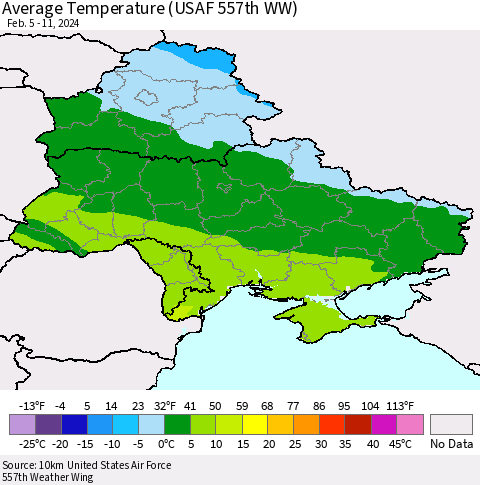 Ukraine, Moldova and Belarus Average Temperature (USAF 557th WW) Thematic Map For 2/5/2024 - 2/11/2024