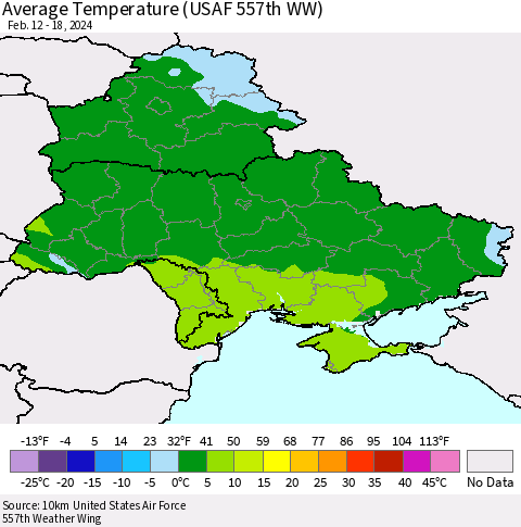 Ukraine, Moldova and Belarus Average Temperature (USAF 557th WW) Thematic Map For 2/12/2024 - 2/18/2024