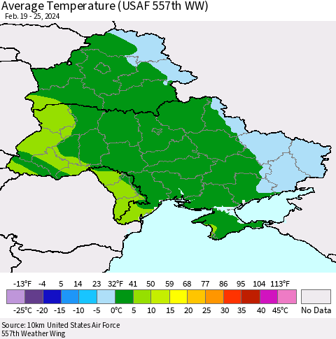 Ukraine, Moldova and Belarus Average Temperature (USAF 557th WW) Thematic Map For 2/19/2024 - 2/25/2024