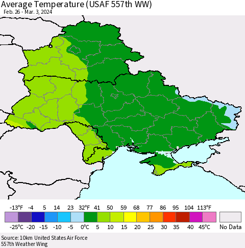 Ukraine, Moldova and Belarus Average Temperature (USAF 557th WW) Thematic Map For 2/26/2024 - 3/3/2024
