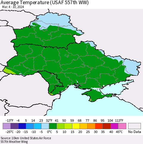 Ukraine, Moldova and Belarus Average Temperature (USAF 557th WW) Thematic Map For 3/4/2024 - 3/10/2024