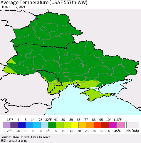 Ukraine, Moldova and Belarus Average Temperature (USAF 557th WW) Thematic Map For 3/11/2024 - 3/17/2024