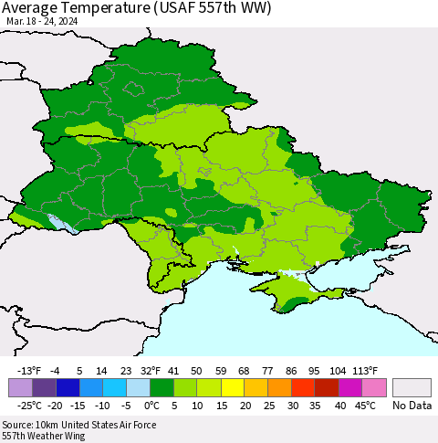 Ukraine, Moldova and Belarus Average Temperature (USAF 557th WW) Thematic Map For 3/18/2024 - 3/24/2024