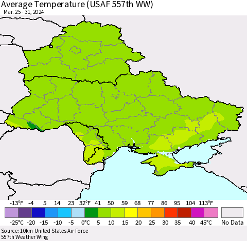 Ukraine, Moldova and Belarus Average Temperature (USAF 557th WW) Thematic Map For 3/25/2024 - 3/31/2024