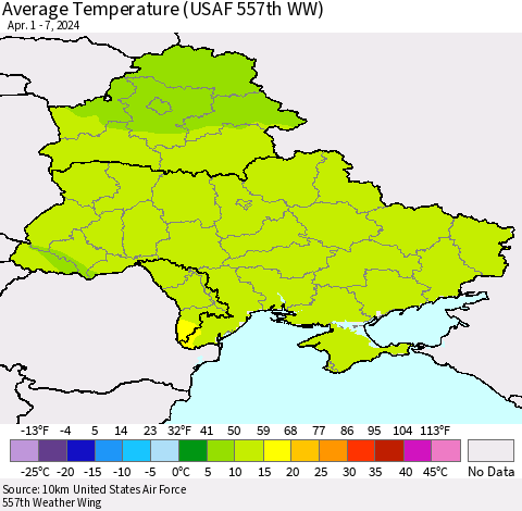 Ukraine, Moldova and Belarus Average Temperature (USAF 557th WW) Thematic Map For 4/1/2024 - 4/7/2024